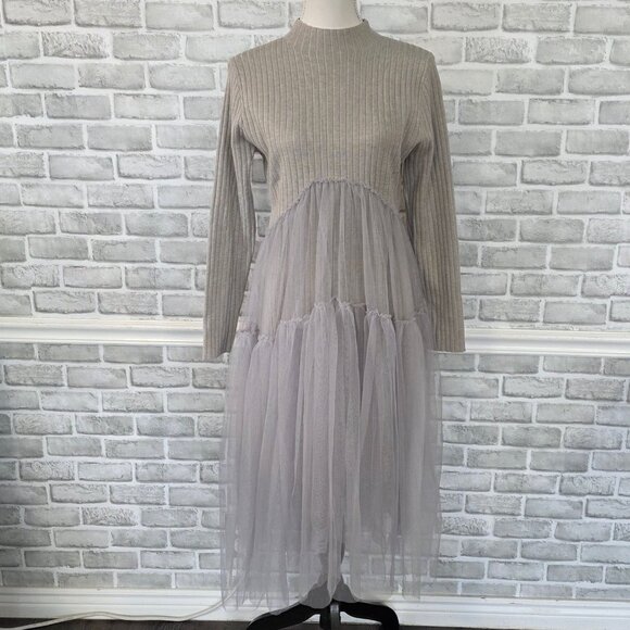 Boutique Pewter Gray Sweater Dress Tulle Layers Feminine Romantic Cozy Fairy - Picture 7 of 7